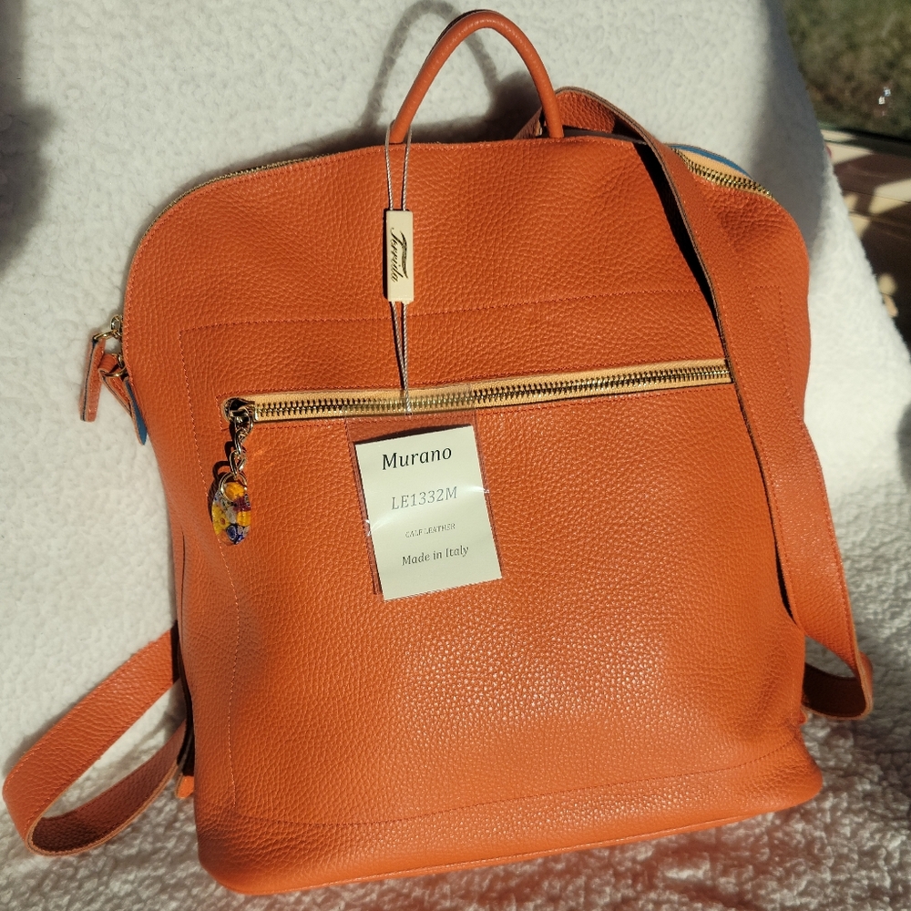 NWT Terrida Venice Aurora Leather Backpack Murano Glass Accent Orange Italy